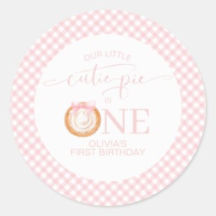 Cutie Pie pumpkin pie pink plaid First Birthday Classic Round Sticker