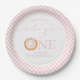 Cutie Pie pumpkin pie pink plaid First Birthday Paper Plate