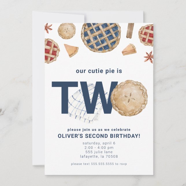 Cutie Pie Second Birthday Party Invitation  (Front)