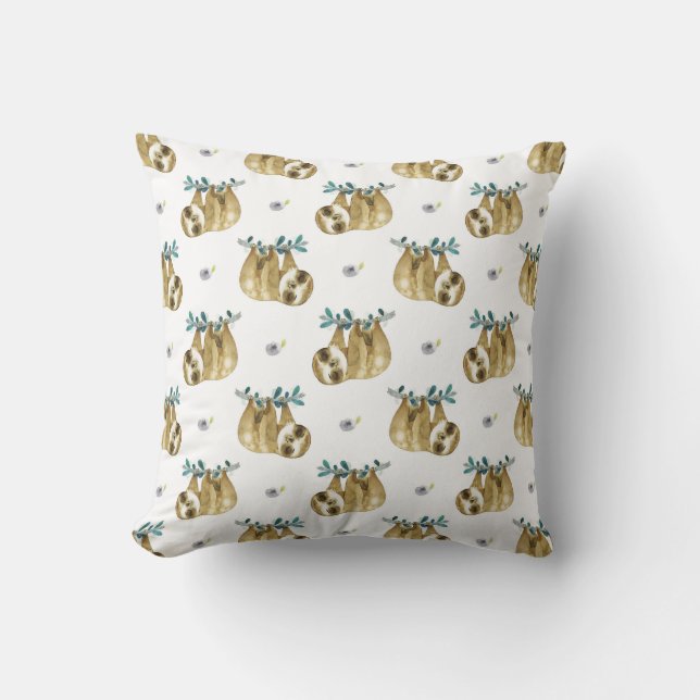 Cutie Pie Watercolor Sloth Pattern Cushion (Front)