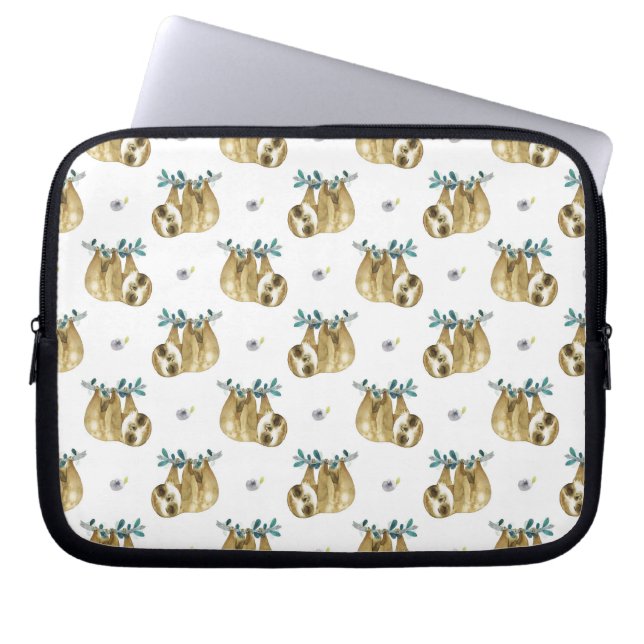 Cutie Pie Watercolor Sloth Pattern Laptop Sleeve (Front)