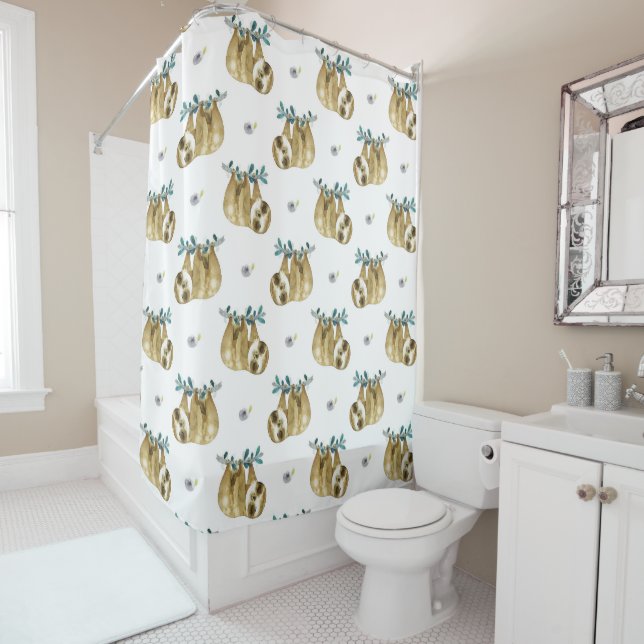 Cutie Pie Watercolor Sloth Pattern Shower Curtain (In Situ)