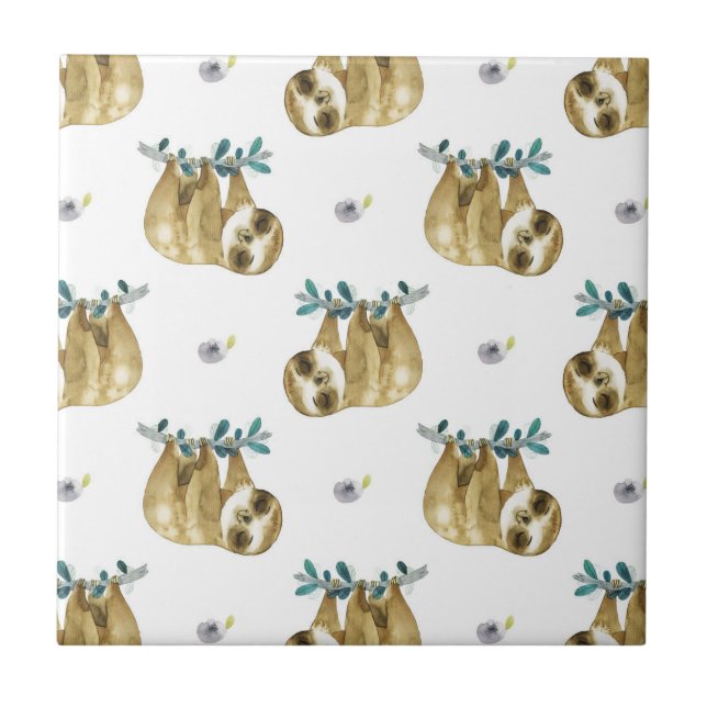 Cutie Pie Watercolor Sloth Pattern Tile (Front)