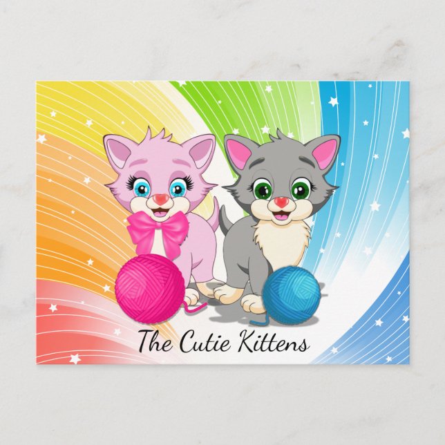Cutie Pink and Grey Kittens Cartoon Postcard (Front)