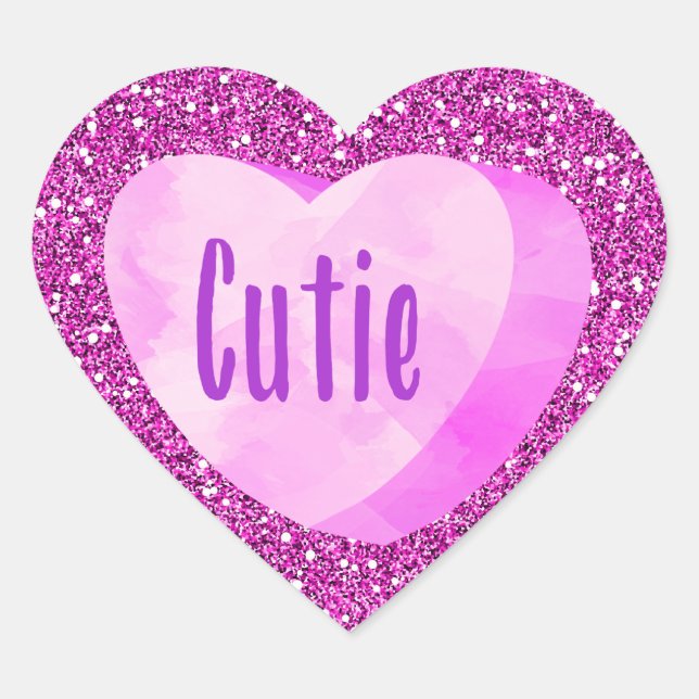 Cutie Pink Candy Heart Faux Glitter Heart Sticker (Front)
