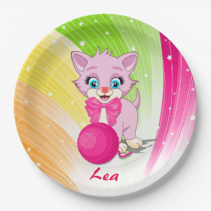 Cutie Pink Kitten Cartoon Paper Plate
