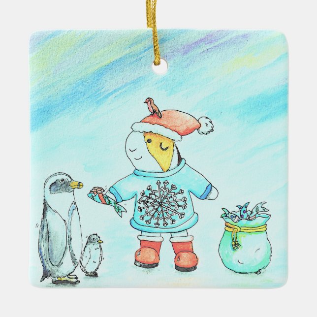 Cutie the Guinea Pig Giving Christmas Gifts Ceramic Ornament (Front)