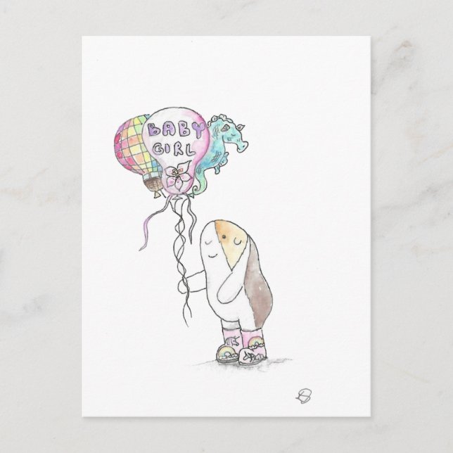 Cutie the Guinea Pig with Baby Girl Balloons Postcard (Front)