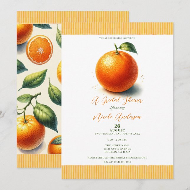 Cutie Watercolor Orange Bridal Shower Invitation (Front/Back)