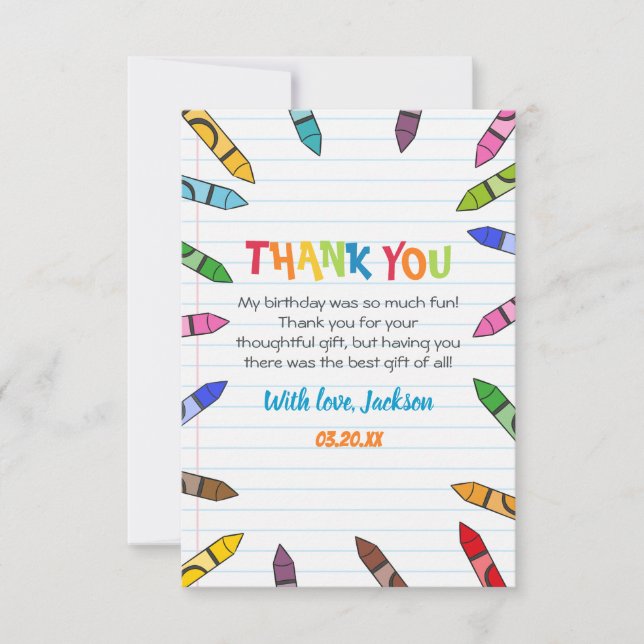 Cuties Crayon Art Paper Colourful Party Birthday Thank You Card (Front)