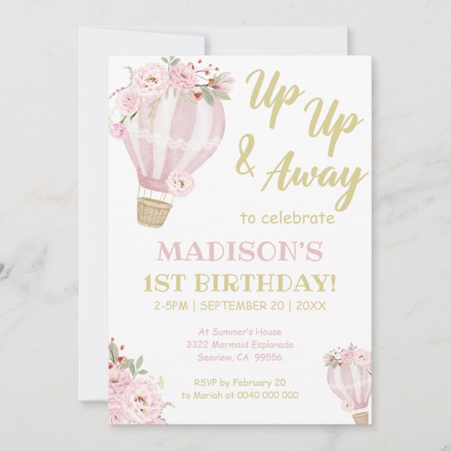 Cuties Flower Hot Air Balloon Girl 1st Birthday Invitation (Front)