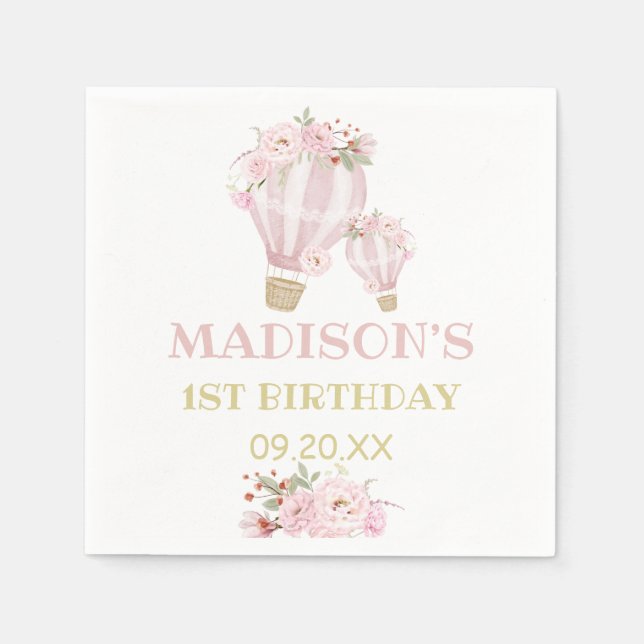 Cuties Flower Hot Air Balloon Girl 1st Birthday  Napkin (Front)