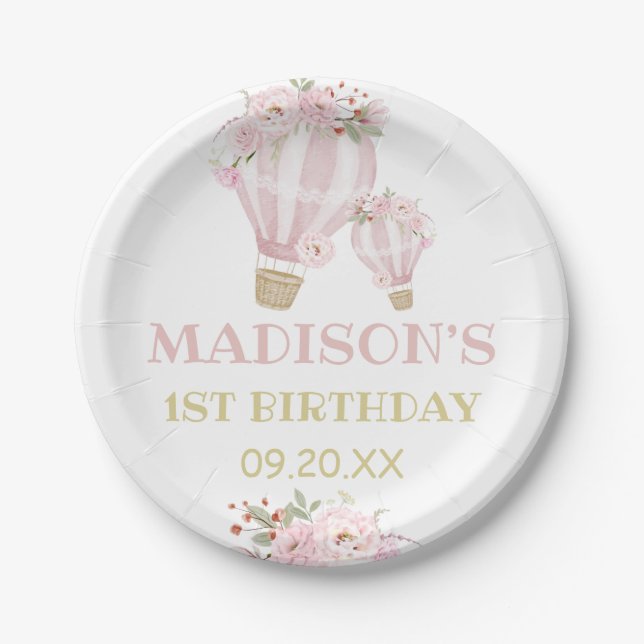 Cuties Flower Hot Air Balloon Girl 1st Birthday  Paper Plate (Front)