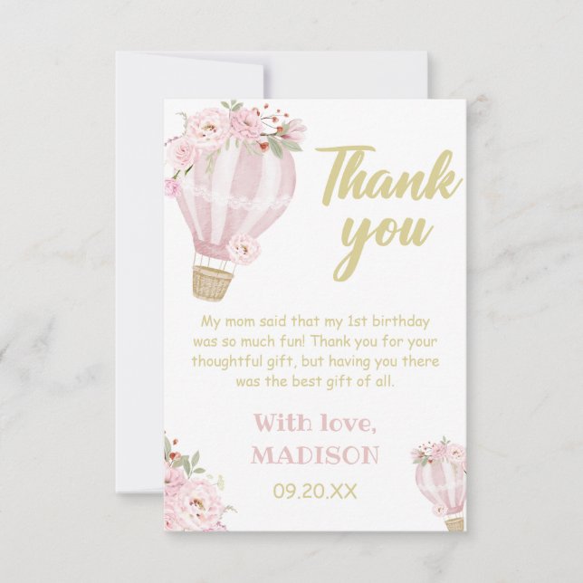 Cuties Flower Hot Air Balloon Girl 1st Birthday Thank You Card (Front)