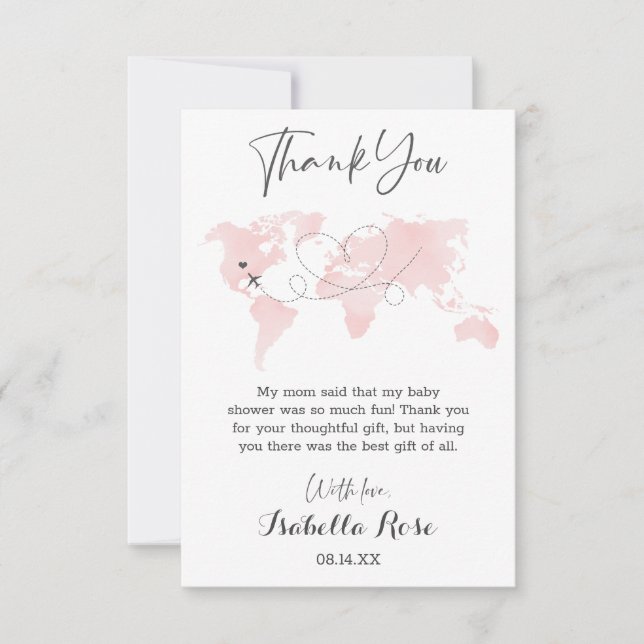 Cuties Map Travel Adventure Blush Pink Baby Shower Thank You Card (Front)