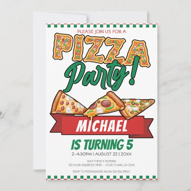 Cuties Pizza Party Red Green Caro 5th Birthday Invitation (Front)