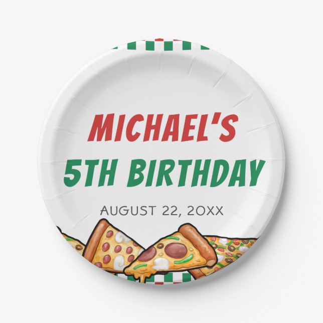 Cuties Pizza Party Red Green Caro 5th Birthday Paper Plate (Front)
