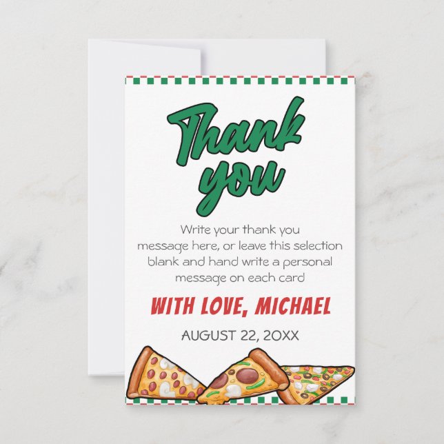Cuties Pizza Party Red Green Caro 5th Birthday Thank You Card (Front)