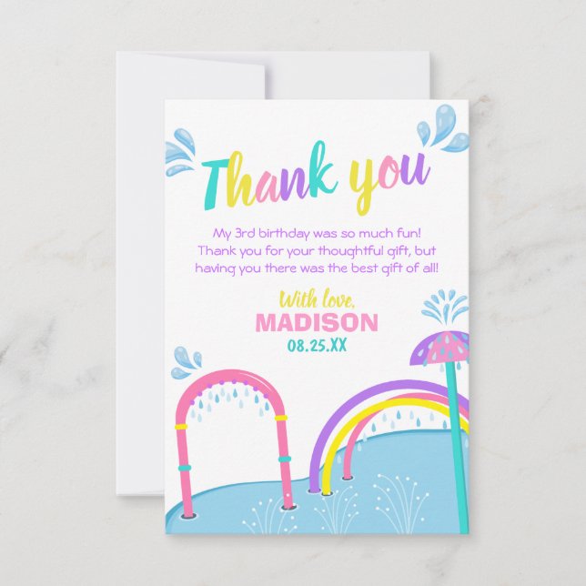 Cuties Splish Splash Pad Water Park Girl Birthday Thank You Card (Front)