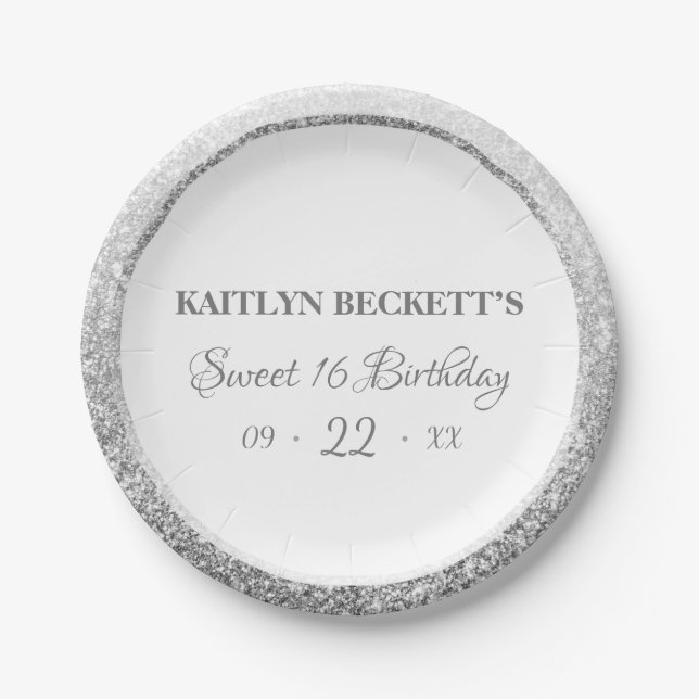 Cuties Sweet 16 Silver Glitter Elegant Birthday  Paper Plate (Front)