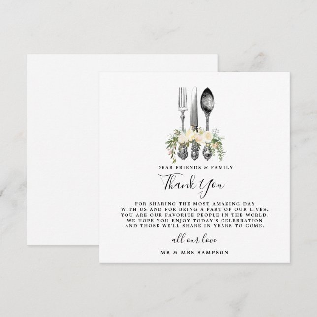 cutlery floral wedding thank you reception card (Front/Back)