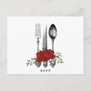 cutlery red florals wedding rsvp postcard