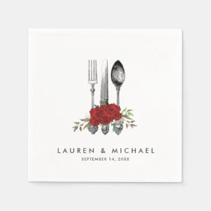 cutlery red roses floral greenery wedding napkins