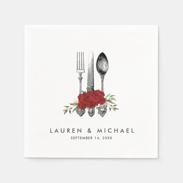 cutlery red roses floral greenery wedding napkins (Front)