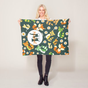 Cutom name adorable pattern raccoons navy blue fleece blanket