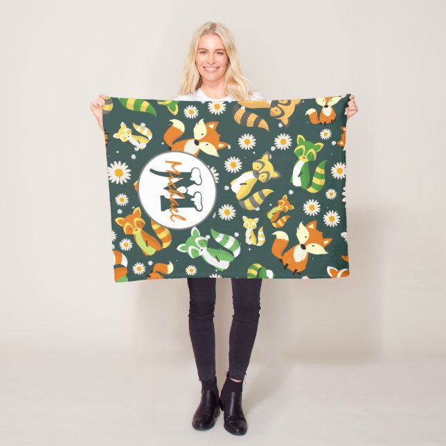 Cutom name adorable pattern raccoons navy blue  fleece blanket (In Situ)