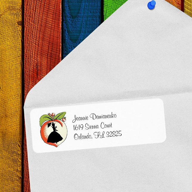 Cutomized Peach Southern Belle (Silhouette of Southern Bell on a big Georgia peach with leaves on white return address labels.)