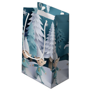 Cutout Elves in the Snow Christmas  Small Gift Bag