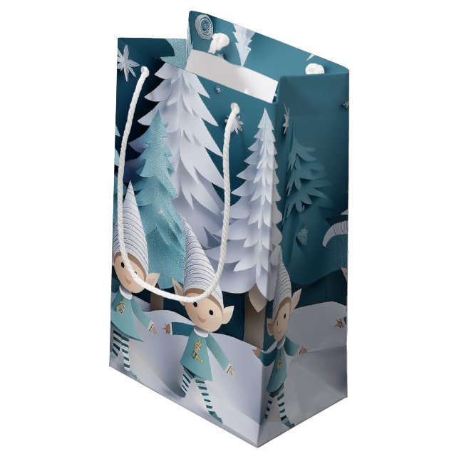 Cutout Elves in the Snow Christmas  Small Gift Bag (Back Angled)