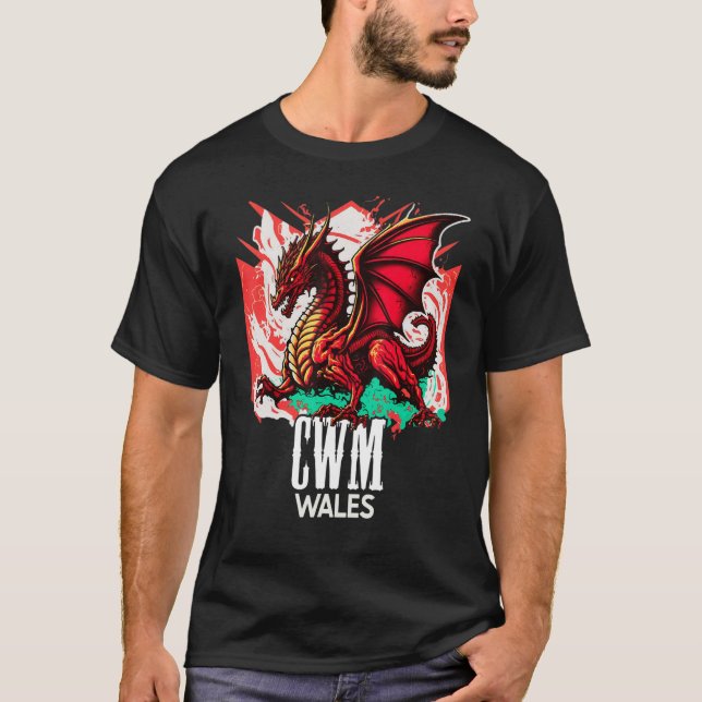 Cwm Wales Welsh Flag Y Ddraig Goch Dragon T-Shirt (Front)