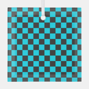 Cyan and charcoal checkerboard pattern glass tree decoration