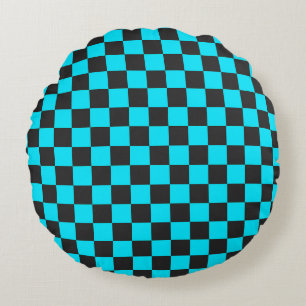 Cyan and charcoal checkerboard pattern round cushion