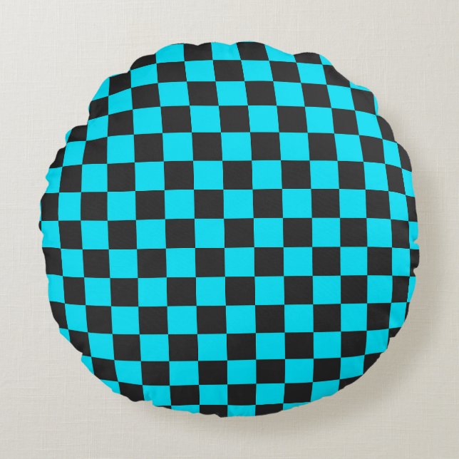 Cyan and charcoal checkerboard pattern round cushion (Front)