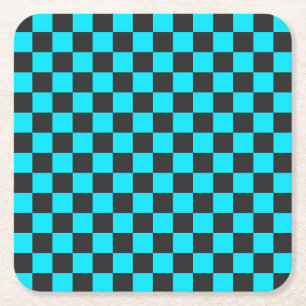 Cyan and charcoal checkerboard pattern square paper coaster
