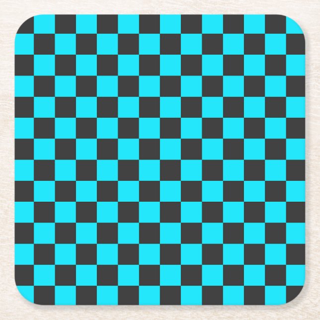 Cyan and charcoal checkerboard pattern square paper coaster (Front)