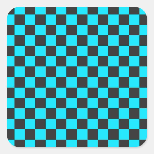Cyan and charcoal checkerboard pattern square sticker (Front)