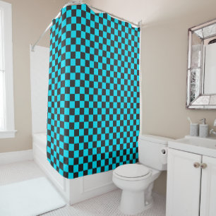 Cyan and charcoal chequerboard pattern shower curtain