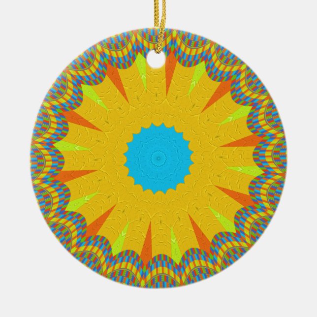 Cyan and Gold Mandala Art Print Ceramic Tree Decoration (Front)