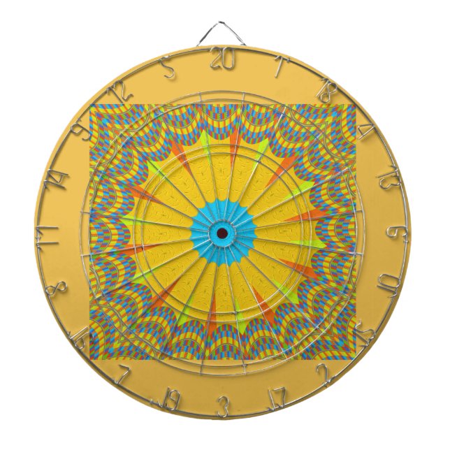 Cyan and Gold Mandala Art Print Dartboard (Front)