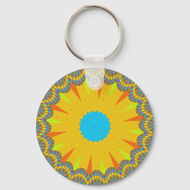 Cyan and Gold Mandala Art Print Key Ring (Front)
