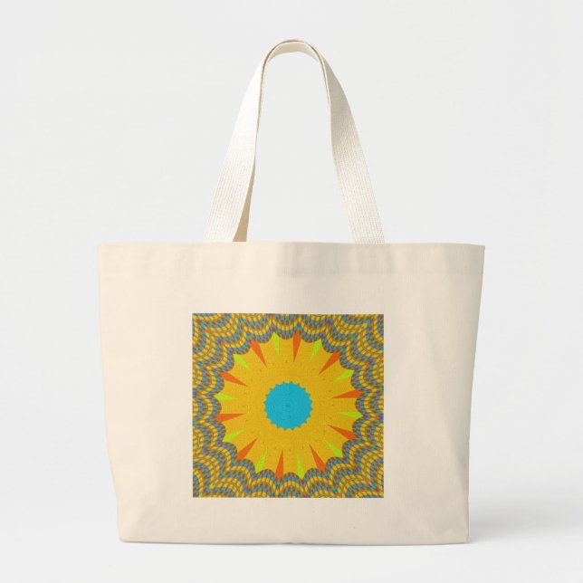 Cyan and Gold Mandala Art Print Large Tote Bag (Front)