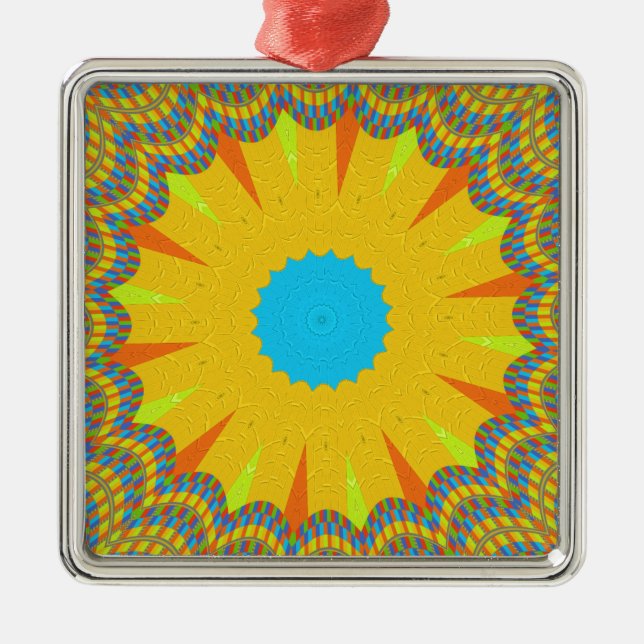 Cyan and Gold Mandala Art Print Metal Tree Decoration (Front)