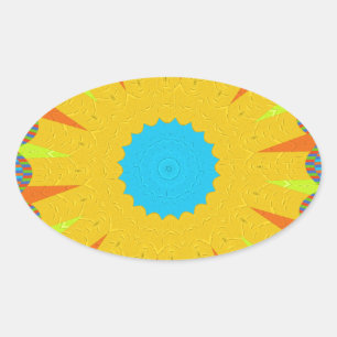 Cyan and Gold Mandala Art Print Oval Sticker