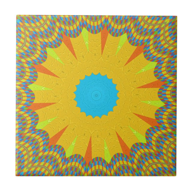 Cyan and Gold Mandala Art Print Tile (Front)