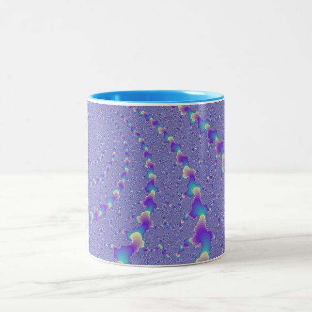 Cyan And Purple Spiralling Lights Fractal Art Two-Tone Coffee Mug (Center)