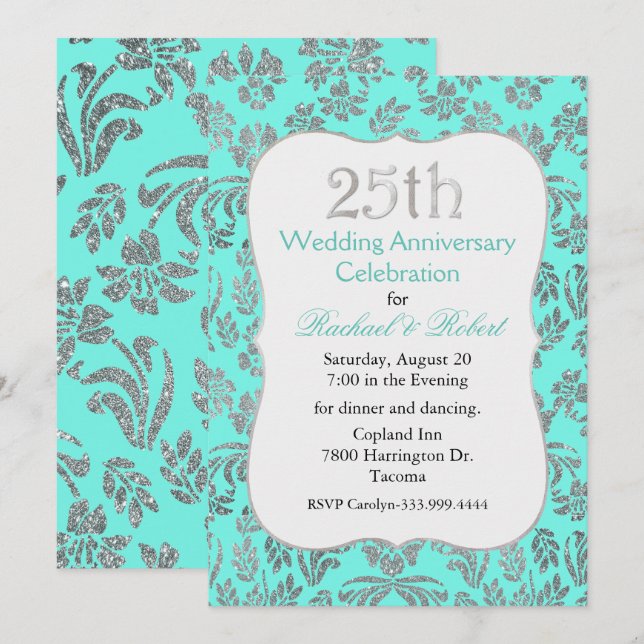Cyan and Silver 25th Anniversary Invitation (Front/Back)